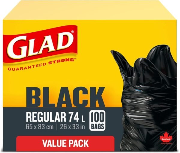 Black Garbage Bags - Regular 74 Litres - Value Pack, 100 Trash Bags, Made in Canada of Global Components