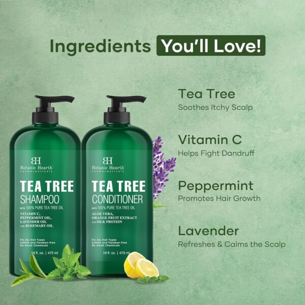 Botanic Hearth Tea Tree Shampoo and Conditioner Set - Nourishing Hair Care with Tea Tree Oil, Peppermint, and Lavender 16Fl oz each